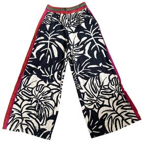 FARM Rio Black & White Tropical Print Linen Pants with Bright Trim